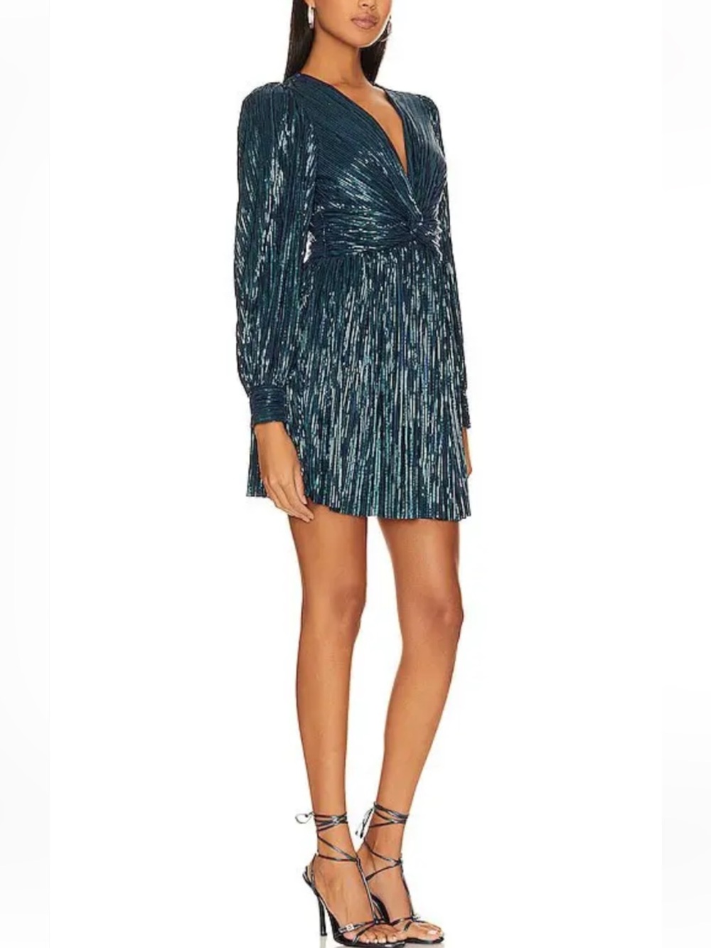 Sabina Musayev Metallic Teal Twist-Front Mini Dress